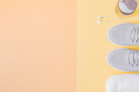 Concept of healthy lifestyle. Flat lay sport shoes, new sneakers on a yellow backgroundの写真素材