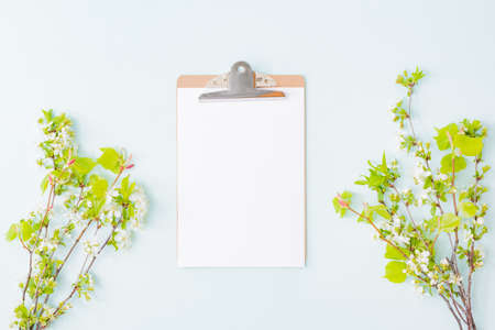 Mockup clipboard with spring flowers on a light backgroundの写真素材