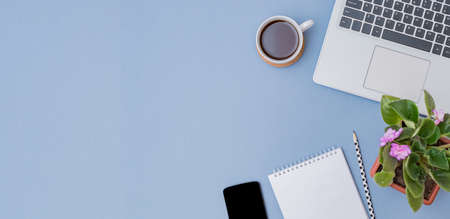 Flat lay home office desktop with laptop, flowers in a pot, office supplies on a blue backgroundの写真素材