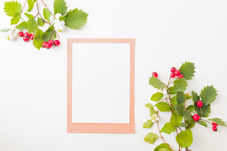 Flat lay mockup blank paper sheet card with red berries and green leaves on white backgroundの写真素材