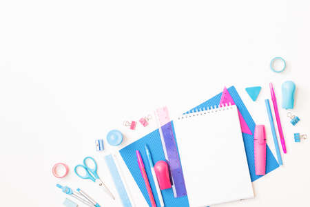 Flat lay school and office supplies on a white background