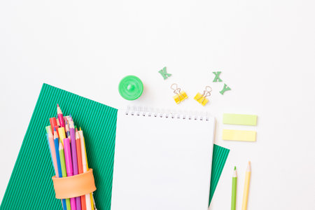 Flat lay school and office supplies on a white backgroundの写真素材