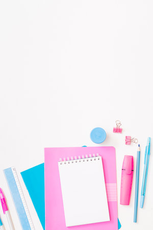 Flat lay school and office supplies on a white backgroundの写真素材