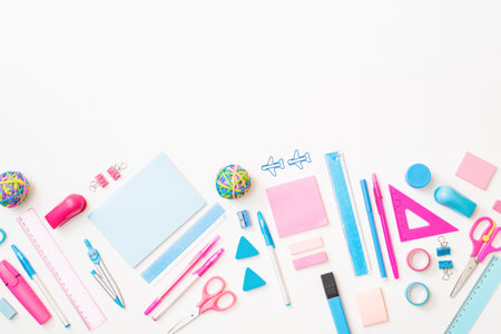 Flat lay school and office supplies on a white backgroundの写真素材