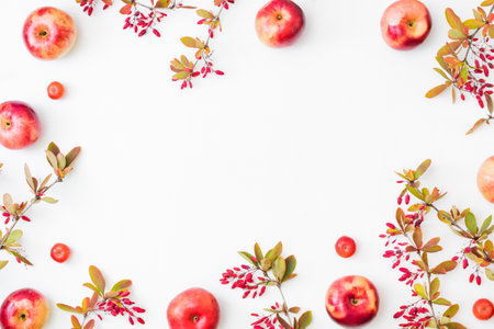 Flat lay frame with colorful autumn leaves and red berries on a white backgroundの写真素材