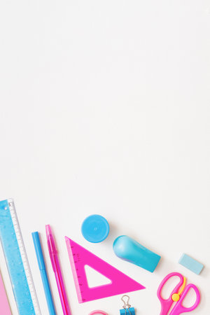 Flat lay school and office supplies on a white backgroundの写真素材