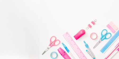 Flat lay school and office supplies on a white backgroundの写真素材