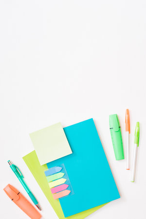 Flat lay school and office supplies on a white backgroundの写真素材