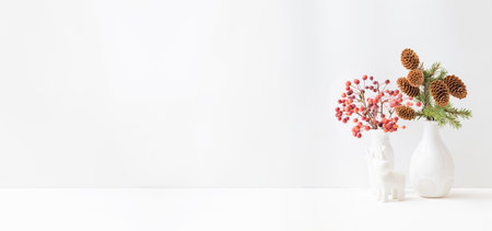 Home interior decor elements. Small red apples in a vase and branches of spruce with cones on a light backgroundの写真素材
