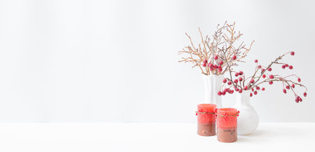 Christmas, New Year home decor. Branches with red berries in a vase, golden branches on a light background. Mock up for display worksの写真素材