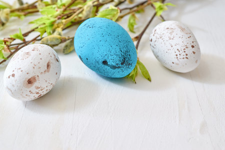 Branches with buds and green leaves, easter eggs on a light background. Happy easter concept with copy spaceの写真素材