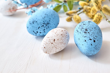 Willow branches and decorations, easter eggs on a light background. Happy easter concept with copy spaceの写真素材