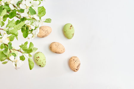 Spring flowers and easter eggs on a white background. Happy easter flat lay concept with copy spaceの写真素材