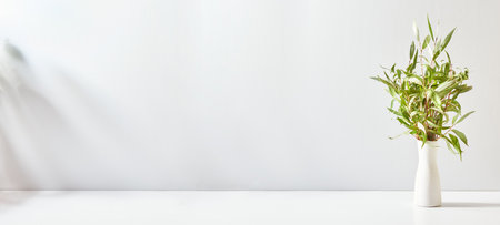 Branches with green leaves in a vase and shadows on a white table. Mock up for display worksの写真素材