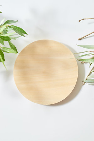 Empty round wooden podium for product presentation and green leaves on a light background. Mock up for display worksの写真素材
