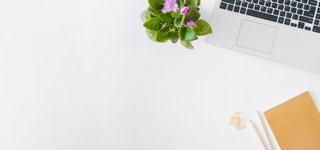 Flat lay home office desktop with laptop, flowers in a pot, notebook, office supplies on a light background. Top view banner background with copy spaceの写真素材