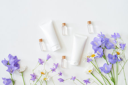Cosmetic cream tubes packaging and wildflowers on white background. Natural skin care concept, mockup for designの写真素材