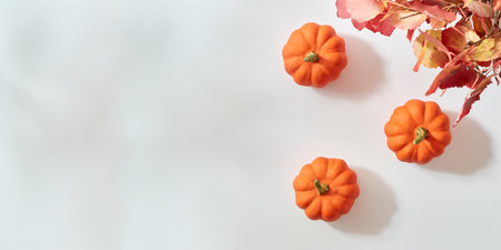 Flat lay frame with colorful autumn leaves and pumpkins on a white background