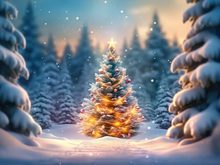 Christmas tree with snow decorated and garland lightsの素材