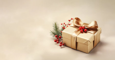 Christmas composition with golden gift box, fir branches, cones on light backgroundの素材