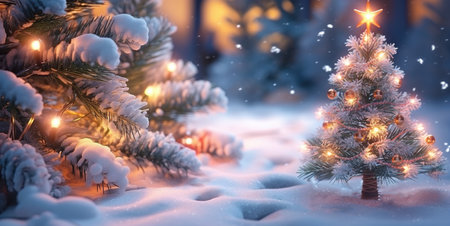 Christmas tree with snow decorated and garland lightsの素材
