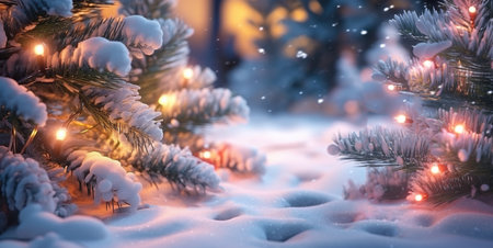 Christmas tree with snow decorated and garland lightsの素材