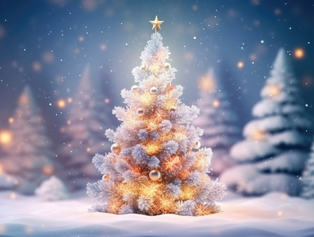 Christmas tree with snow decorated and garland lightsの素材