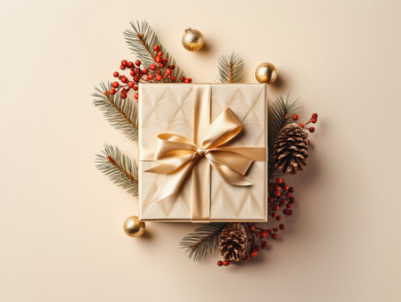 Christmas flat lay composition with golden gift box, fir branches, cones on light backgroundの素材