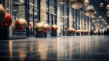 Abstract blurred image of a shopping mall with Christmas decorationsの素材
