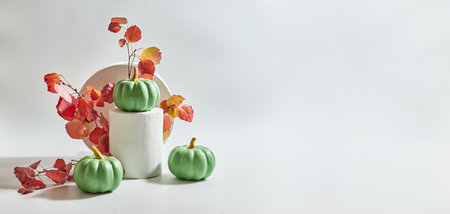Small green pumpkins and white podium. Colorful autumn leaves on a light background. Mock up for display worksの写真素材