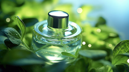 Abstract skin care organic ingredients concept with transparent bottle and green plantsの素材