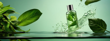 Bottle of green skin care product, light and airy. Floating plants, water ripples, clean backgroundの素材