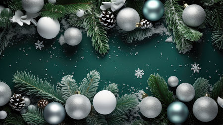 Holiday flat lay background with Christmas balls and spruce branchesの素材