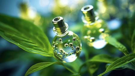 Abstract skin care organic ingredients concept with transparent bottle and green plantsの素材