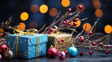 Christmas branch with ornament balls and gift boxesの素材
