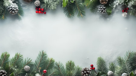 Winter flat lay background with spruce branches, cones and berriesの素材