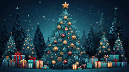 Fantasy background with abstract christmas tree and gift boxesの素材