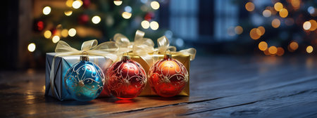Holiday background with christmas balls and gift boxesの素材