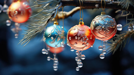 Holiday background with christmas balls and pine branchesの素材