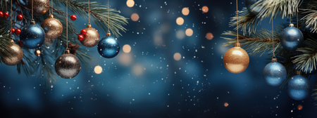 Holiday background with christmas balls and pine branchesの素材