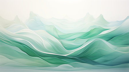 Abstract background with green waves and landscape paintingの素材
