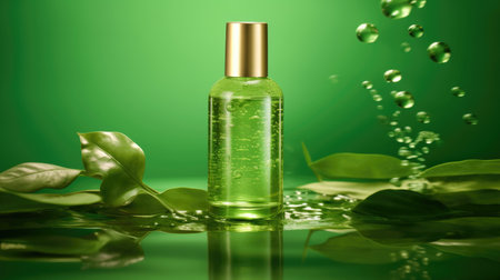 Bottle of green skin care product, light and airy. Floating plants, water ripples, clean backgroundの素材
