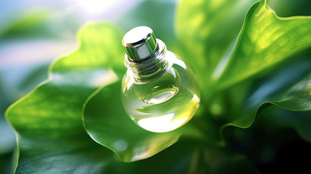Abstract skin care organic ingredients concept with transparent bottle and green plantsの素材