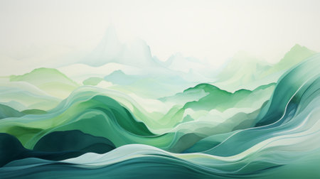 Abstract background with green waves and landscape paintingの素材