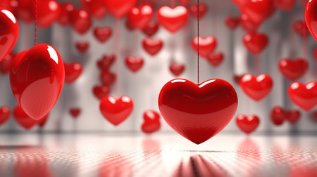 3D romantic red love hearts on soft backgroundの素材