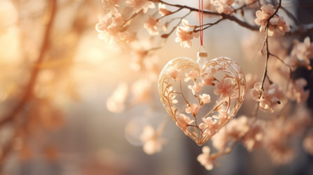 Empty clear glass heart hanging on a ribbonの素材