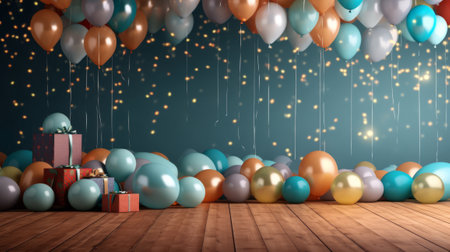 Birthday party background with balloons and giftsの素材