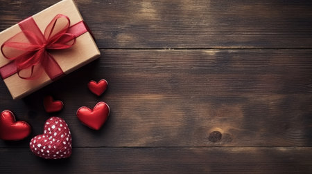 Valentine day flat lay concept with toy heart and gift box on wooden tableの素材