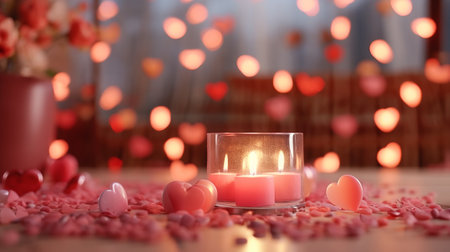 Romantic valentine day background with candles, heart and bokehの素材