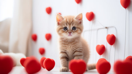 Cute baby cat playing with heart toysの素材